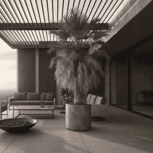 Coccothrinax crinita é uma palmeira escultural de forte identidade visual, ideal para jardins contemporâneos de baixa manutenção, com uso destacado em vasos arquitetônicos